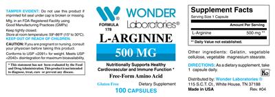 Photo of the Wonder Laboratories L-Arginine 500 mg label