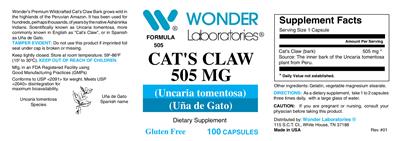 Photo of the Wonder Laboratories Cat's Claw 505 mg label
