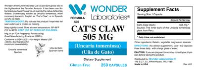 Photo of the Wonder Laboratories Cat's Claw 505 mg label