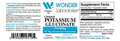 Photo of the Wonder Laboratories Chelated Potassium Gluconate label