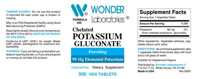 Photo of the Wonder Laboratories Chelated Potassium Gluconate label