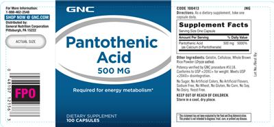 Photo of the GNC Pantothenic Acid 500 mg label