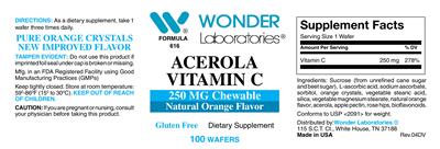 Photo of the Wonder Laboratories Acerola Vitamin C 250 mg Chewable Natural Orange Flavor label