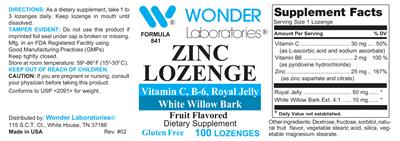 Photo of the Wonder Laboratories Zinc Lozenge Fruit Flavored label
