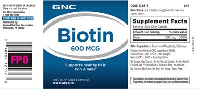 Photo of the GNC Biotin 600 mcg label