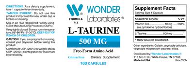 Photo of the Wonder Laboratories L-Taurine 500 mg label