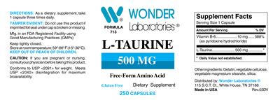 Photo of the Wonder Laboratories L-Taurine 500 mg label