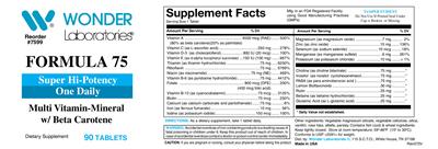Photo of the Wonder Laboratories Formula 75 Multi Vitamin-Mineral label