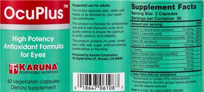 Photo of the Karuna OcuPlus label