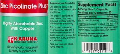 Photo of the Karuna Zinc Picolinate Plus label