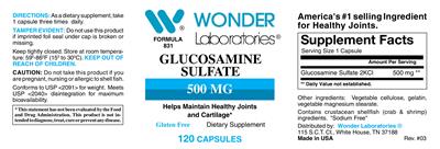 Photo of the Wonder Laboratories Glucosamine Sulfate 500 mg label