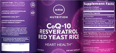 Photo of the MRM Nutrition CoQ-10 Resveratrol Red Yeast Rice label
