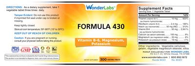 Photo of the Wonder Labs Formula 430 Vitamin B-6 Magnesium Potassium label