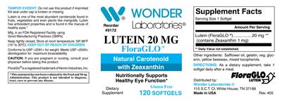 Photo of the Wonder Laboratories Lutein 20 mg FloraGLO label