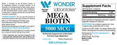 Photo of the Wonder Laboratories Mega Biotin 5000 mcg label