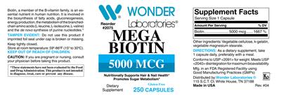 Photo of the Wonder Laboratories Mega Biotin 5000 mcg label