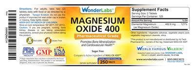 Photo of the Wonder Labs Magnesium Oxide 400 label