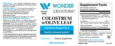 Photo of the Wonder Laboratories Colostrum w/Olive Leaf label