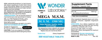 Photo of the Wonder Laboratories Mega M.S.M. 1500 mg label
