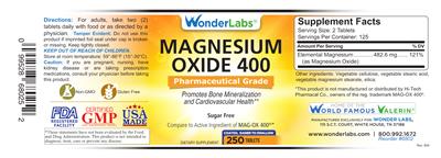 Photo of the Wonder Labs Magnesium Oxide 400 label