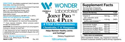 Photo of the Wonder Laboratories Joint Pro All 4 Plus label