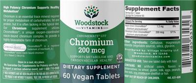 Photo of the Woodstock Vitamins Chromium 200 mcg label