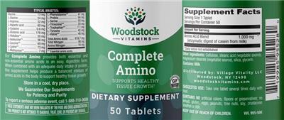 Photo of the Woodstock Vitamins Complete Amino label