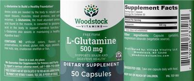 Photo of the Woodstock Vitamins L-Glutamine 500 mg label