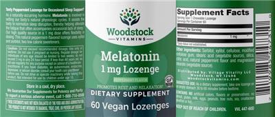Photo of the Woodstock Vitamins Melatonin 1 mg Lozenge Peppermint Flavor label