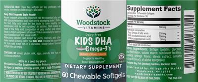 Photo of the Woodstock Vitamins Kids DHA Omega-3's Orange Creme Flavor label
