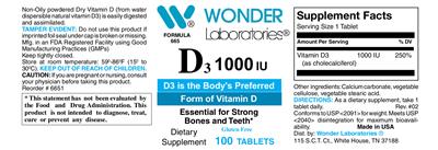 Photo of the Wonder Laboratories D3 1000 IU label