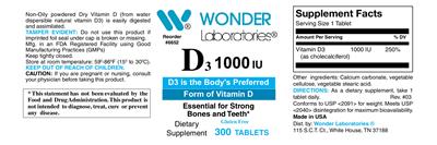 Photo of the Wonder Laboratories D3 1000 IU label