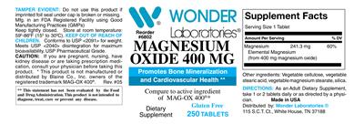 Photo of the Wonder Laboratories Magnesium Oxide 400 mg label