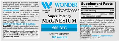 Photo of the Wonder Laboratories Super Potency Magnesium 500 mg label