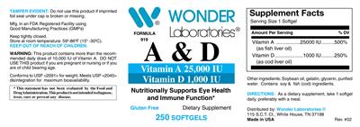 Photo of the Wonder Laboratories A 25,000 IU & D 1,000 IU label