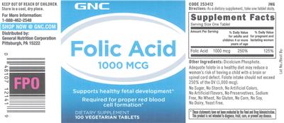 Photo of the GNC Folic Acid 1000 mcg label