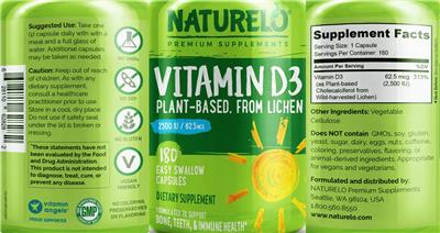 Photo of the NATURELO Premium Supplements Vitamin D3 2500 IU/62.5 mcg label