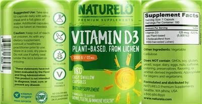 Photo of the NATURELO Premium Supplements Vitamin D3 5000 IU/125 mcg label