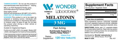 Photo of the Wonder Laboratories Melatonin 3 mg label