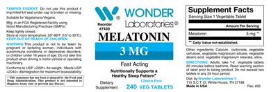 Photo of the Wonder Laboratories Melatonin 3 mg label