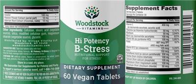 Photo of the Woodstock Vitamins Hi Potency B-Stress label