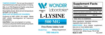 Photo of the Wonder Laboratories L-Lysine 500 mg label