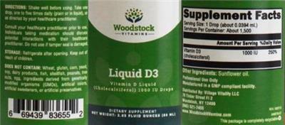 Photo of the Woodstock Vitamins Liquid D3 1000 IU label