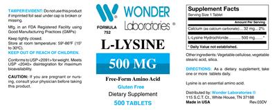 Photo of the Wonder Laboratories L-Lysine 500 mg label