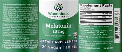 Photo of the Woodstock Vitamins Melatonin 10 mg label