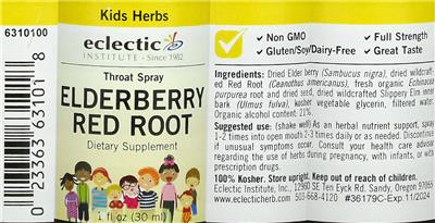 Photo of the Eclectic Institute Kids Elderberry Red Root Throat Spray label