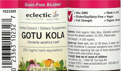 Photo of the Eclectic Institute Gotu Kola Grain-Free Alcohol label