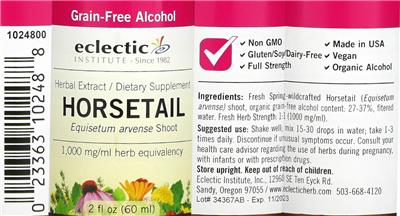 Photo of the Eclectic Institute Horsetail Grain-Free Alcohol label