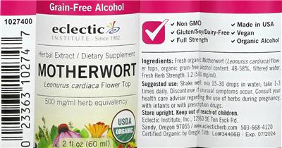 Photo of the Eclectic Institute Motherwort Grain-Free Alcohol label