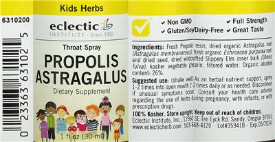 Photo of the Eclectic Institute Kids Propolis Astragalus Throat Spray label